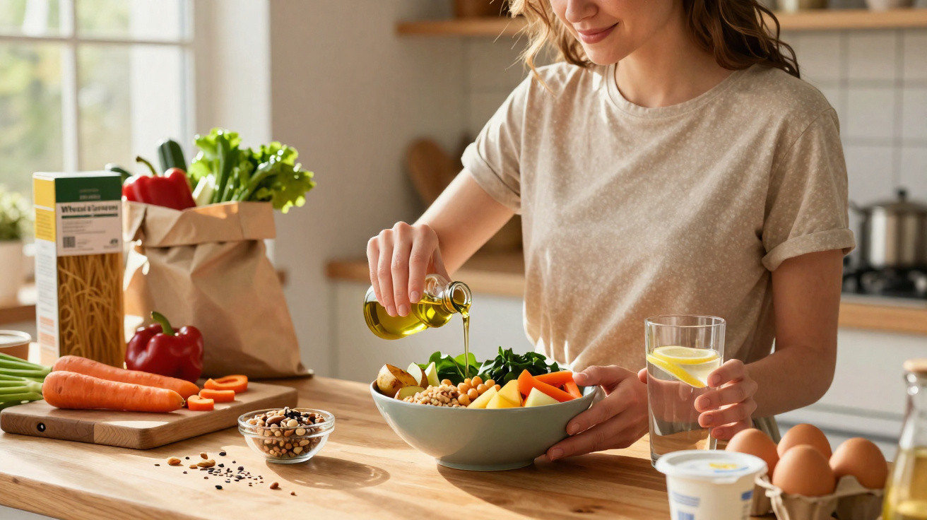 Mulher a preparar uma salada saudável com legumes e azeite, na cozinha, com ingredientes frescos à volta.