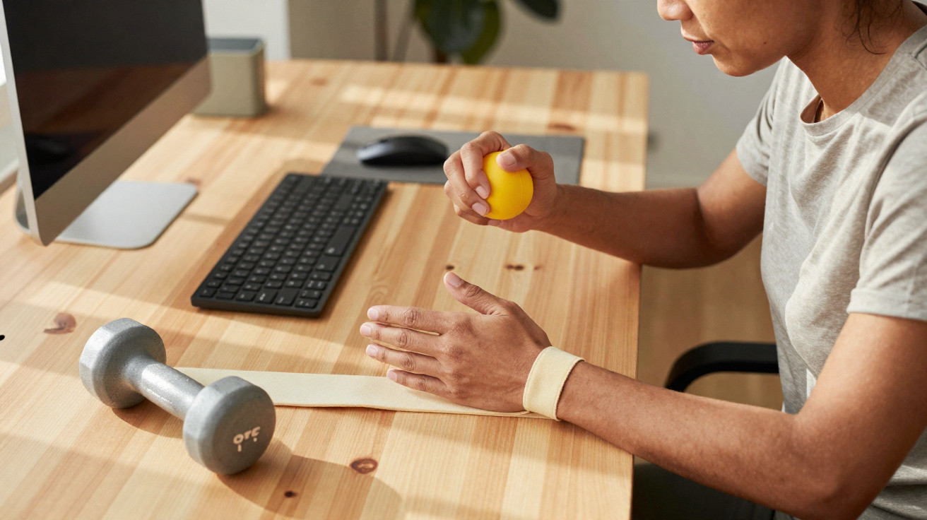Pessoa a usar bola de exercício para mãos ao lado de haltere, computador e teclado numa secretária de madeira.