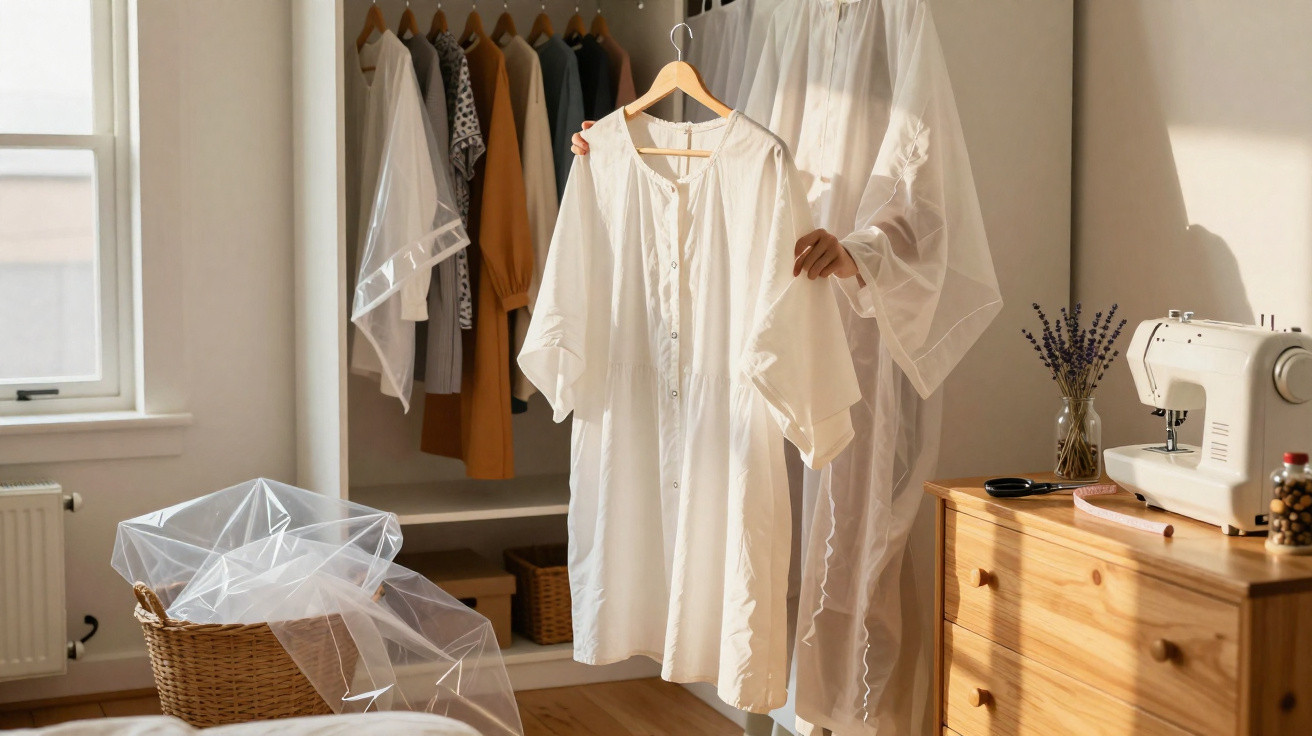 Pessoa com véu branco a segurar um vestido branco num quarto com máquina de costura e roupa pendurada.