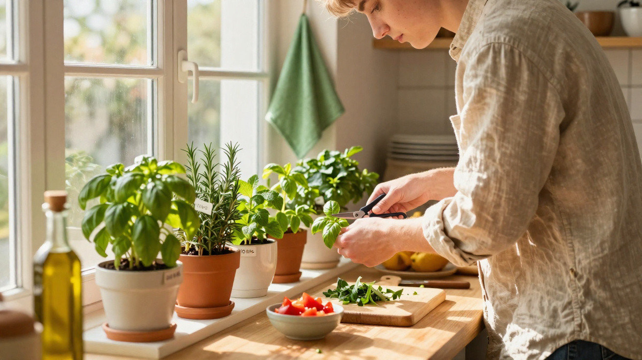 Pessoa a cortar ervas frescas numa bancada de cozinha junto a uma janela com plantas aromáticas.