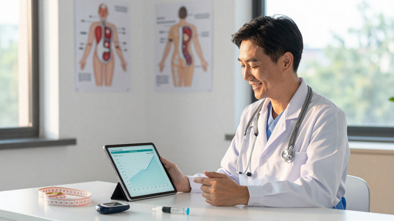 Médico sorridente mostra gráfico num tablet sentado numa sala de consulta com material médico na mesa.