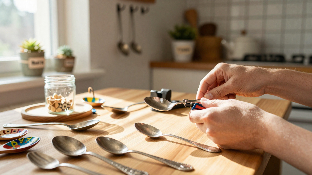 Mãos a preparar colheres numa mesa de madeira com várias colheres e objetos decorativos numa cozinha iluminada.