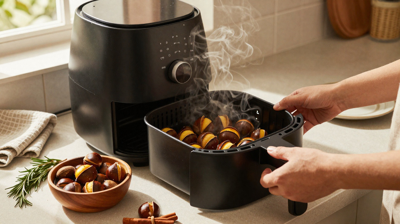 Pessoa a tirar castanhas quentes de uma fritadeira de ar preta numa cozinha moderna.