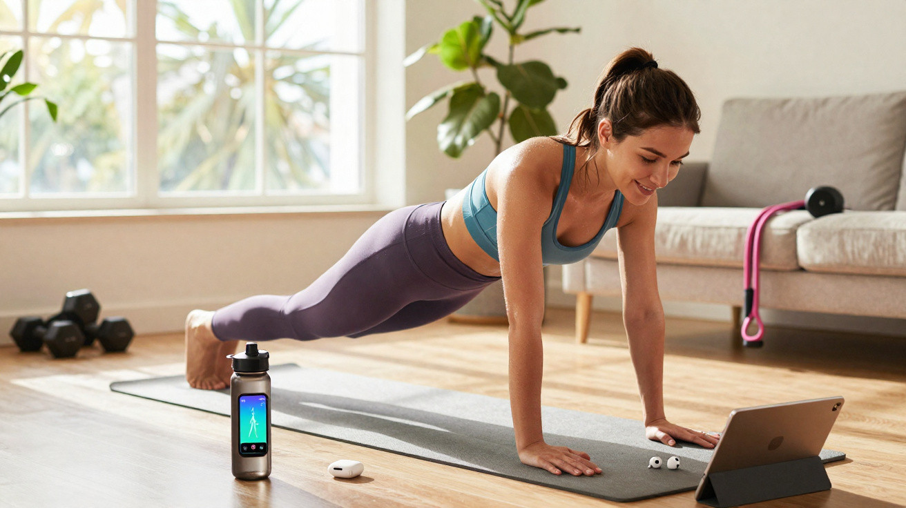 Mulher a fazer prancha durante treino em casa, com garrafa, auscultadores e tablet no tapete.