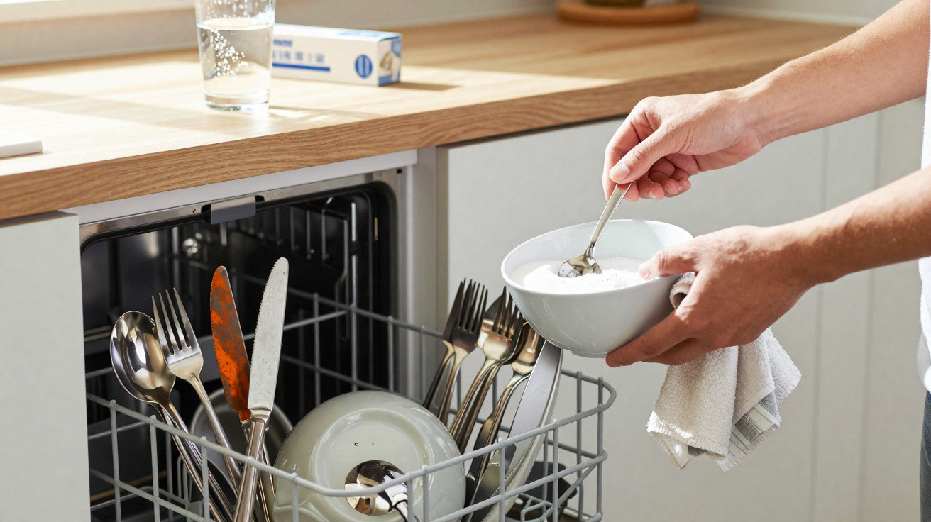 Pessoa a colocar detergente na máquina de lavar loiça com talheres e pratos visíveis no interior.