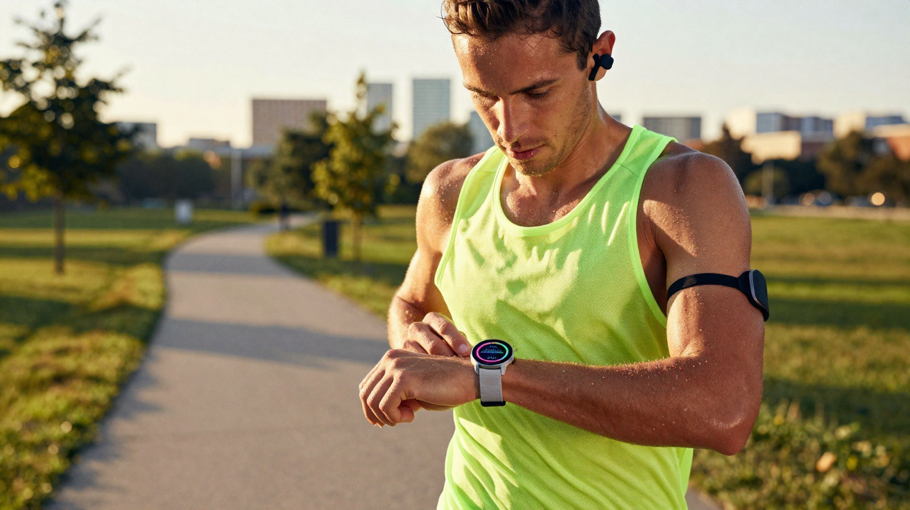 Homem a correr num parque a verificar o relógio inteligente durante o treino ao nascer do sol.