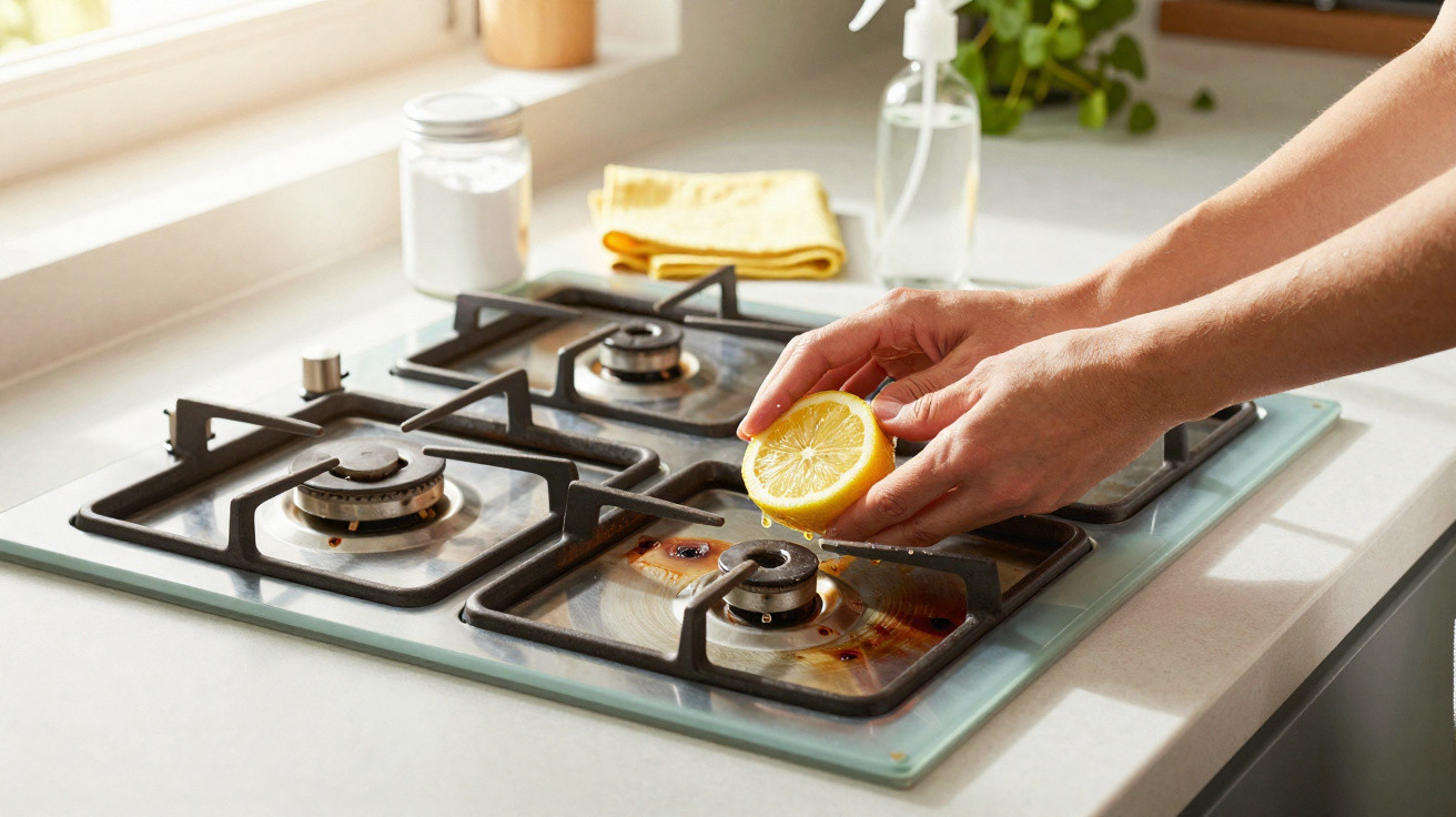 Mãos a esfregar um bico de fogão a gás com meio limão para limpeza, com utensílios de cozinha ao fundo.