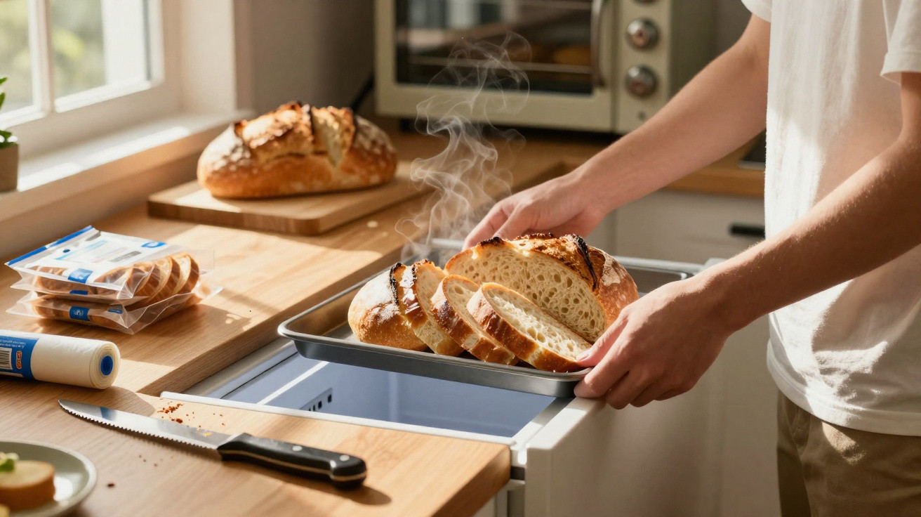 Pessoa a retirar pão quente e fumegante fatiado numa tabuleiro na cozinha iluminada por luz natural