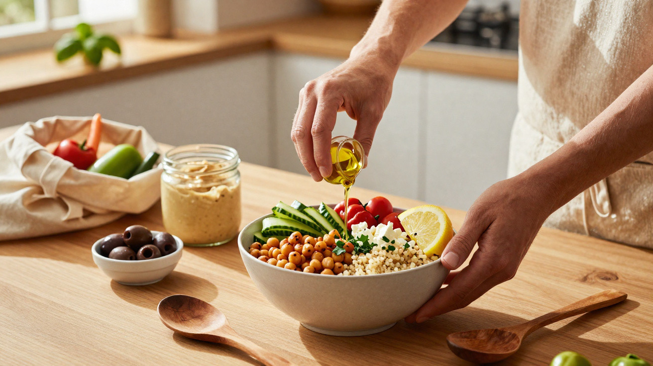 Pessoa a temperar uma taça de salada saudável com leguminosas, legumes, cuscuz e limão na cozinha.