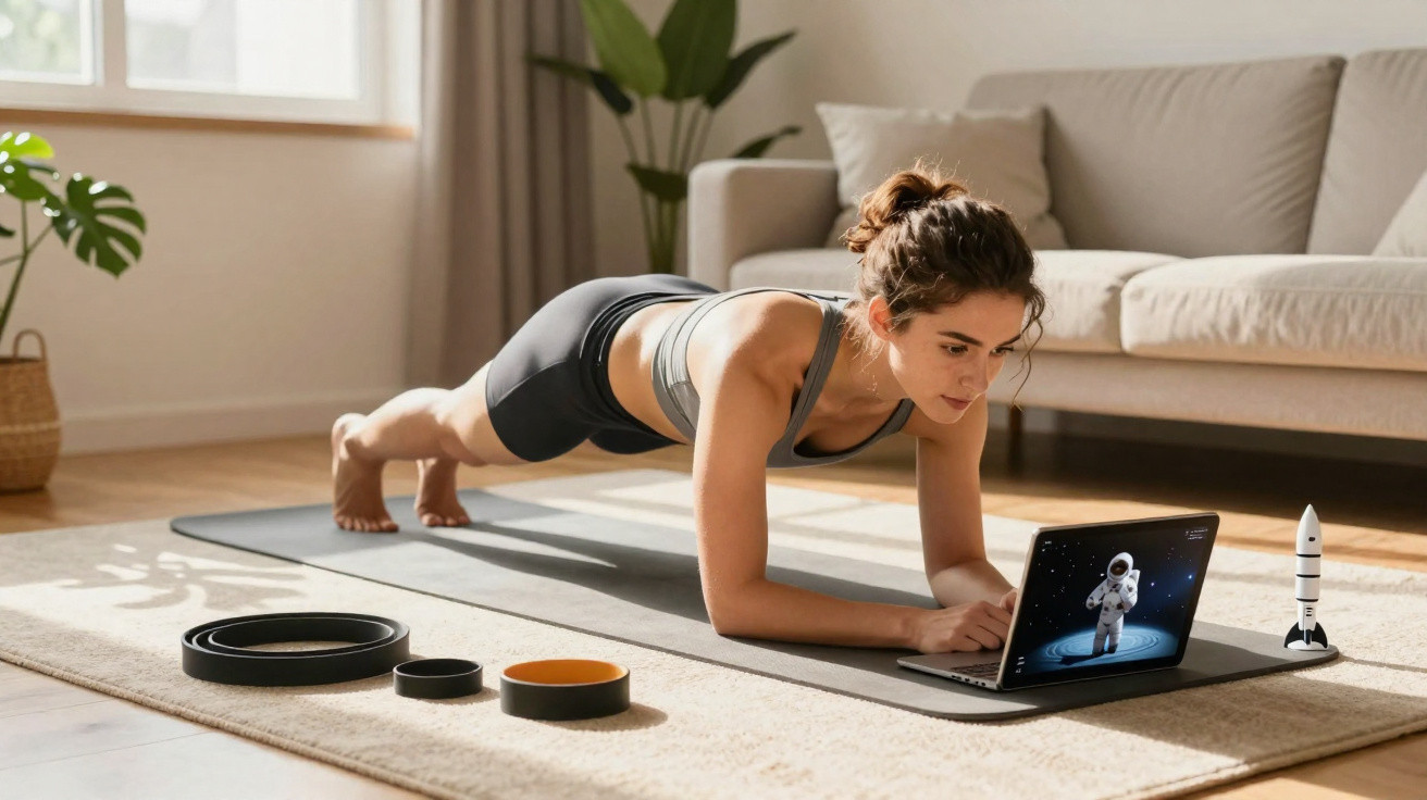Mulher a fazer prancha no tapete de yoga em sala com computador e objetos de treino próximos.
