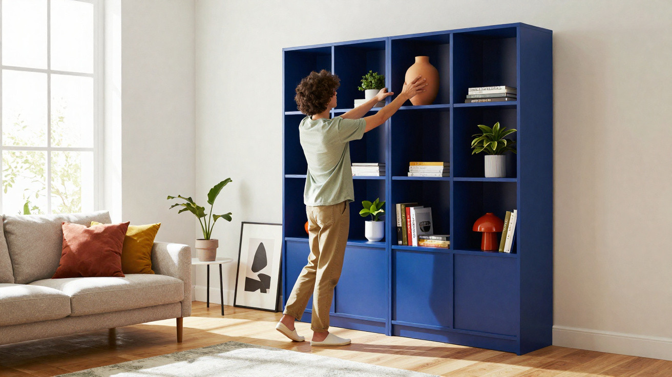 Pessoa a organizar vaso numa estante azul numa sala iluminada com sofá cinzento e almofadas coloridas.