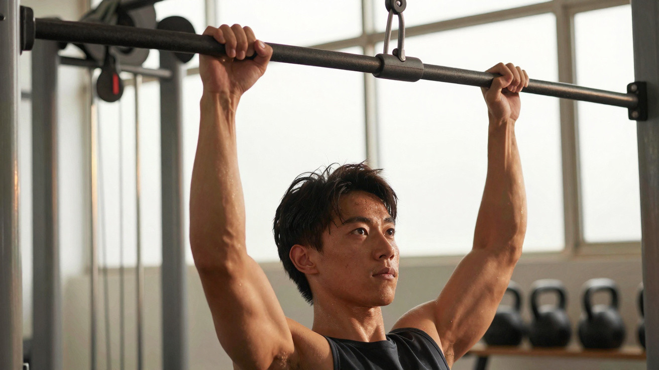 Homem a fazer puxadas na barra fixa numa academia com kettlebells ao fundo.