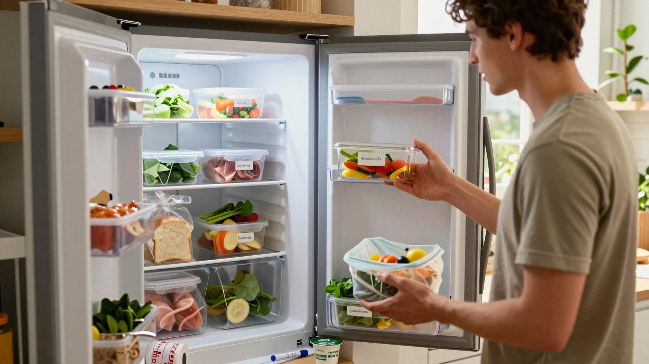 Pessoa a organizar alimentos frescos em recipientes plásticos dentro de frigorífico aberto numa cozinha luminosa.