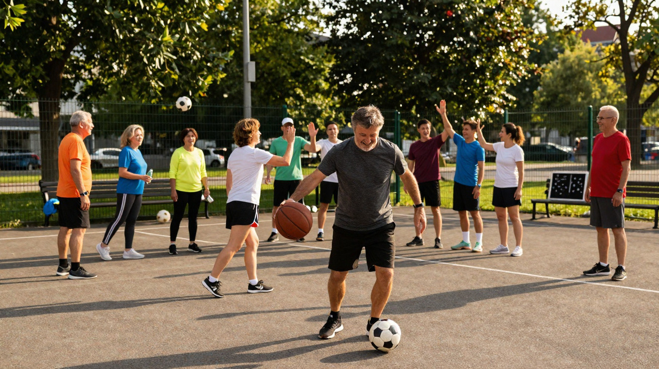 Grupo de pessoas adultas a desfrutar de atividades desportivas variadas num parque ao ar livre.