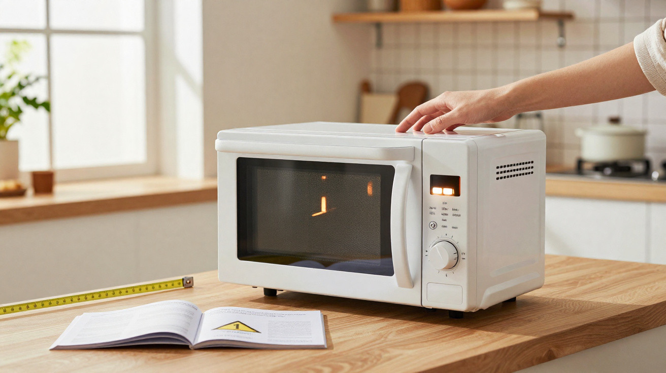 Micro-ondas branco sobre bancada de cozinha, com mão a ajustar o botão e livro aberto ao lado.