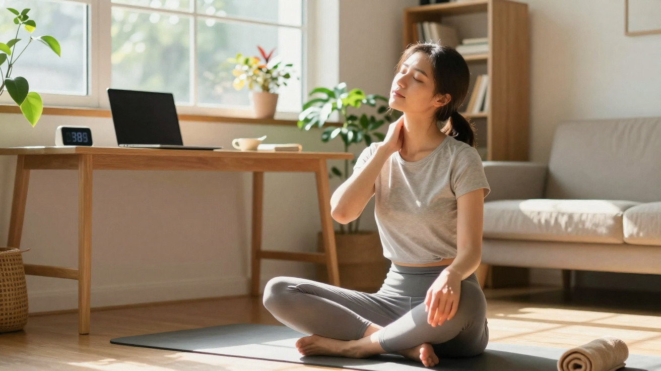 Mulher sentada no chão a fazer alongamento no pescoço numa sala iluminada, com tapete de yoga e mesa com computador.