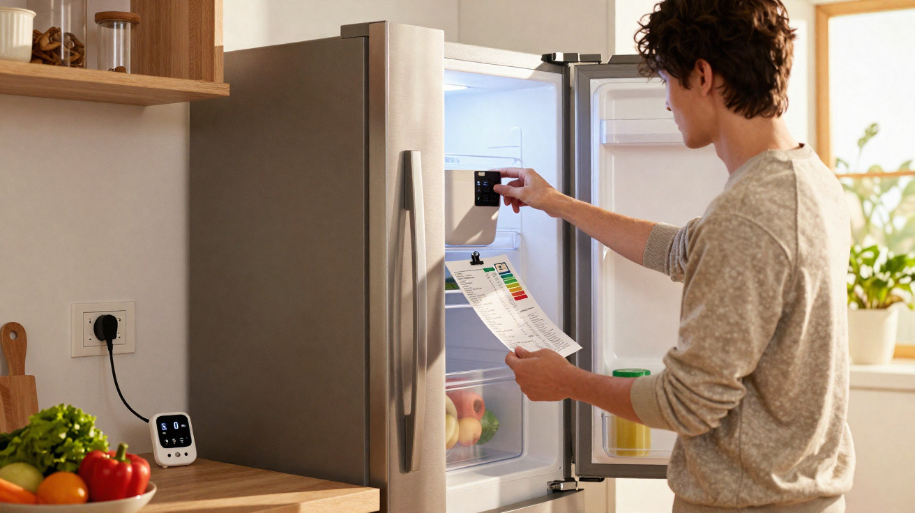 Homem ajusta temperatura do frigorífico moderno inox numa cozinha bem iluminada.