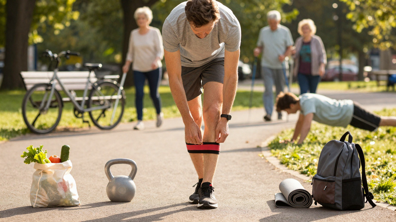 Homem a colocar faixa elástica nas pernas para exercício num parque com idosos e jovem a exercitarem-se ao fundo.
