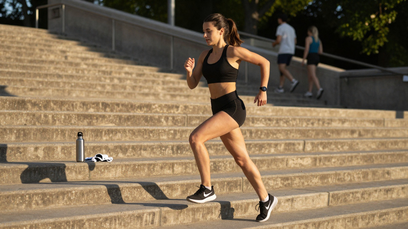 Mulher a correr a subir escadas ao ar livre com equipamento desportivo preto e garrafa de água.
