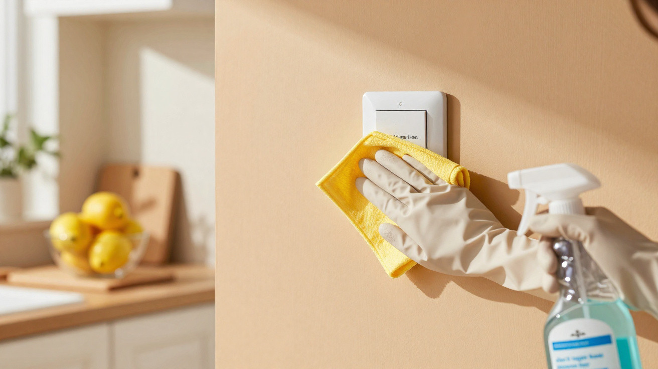 Mãos com luvas de borracha limpam um interruptor de luz com pano amarelo e spray desinfetante.