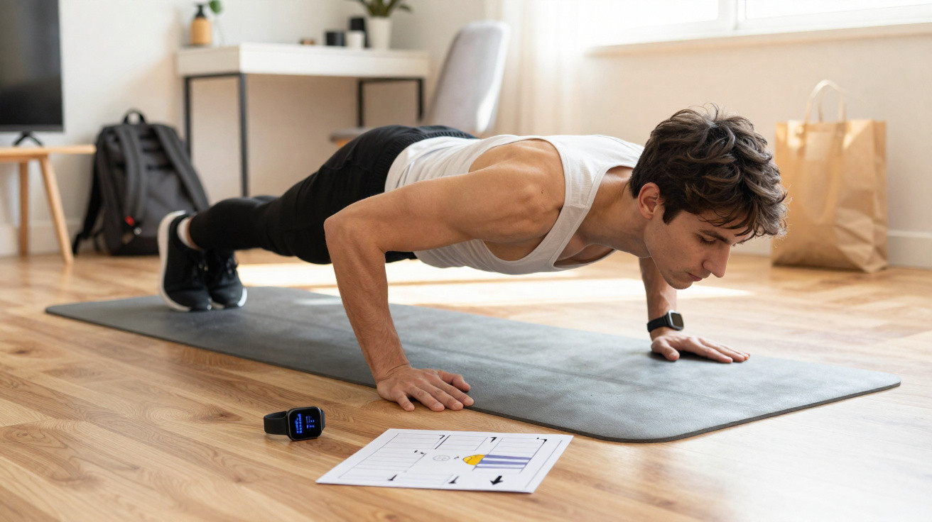 Homem a fazer flexões numa esteira num quarto com janela, telemóvel e papel com treino.