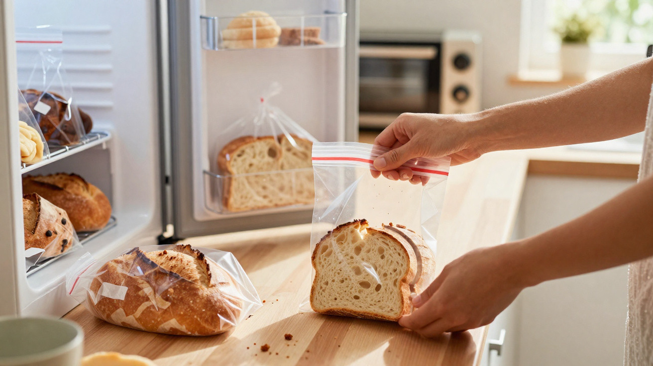 Mãos a colocar fatias de pão em saco hermético transparente numa cozinha junto a frigorífico aberto.