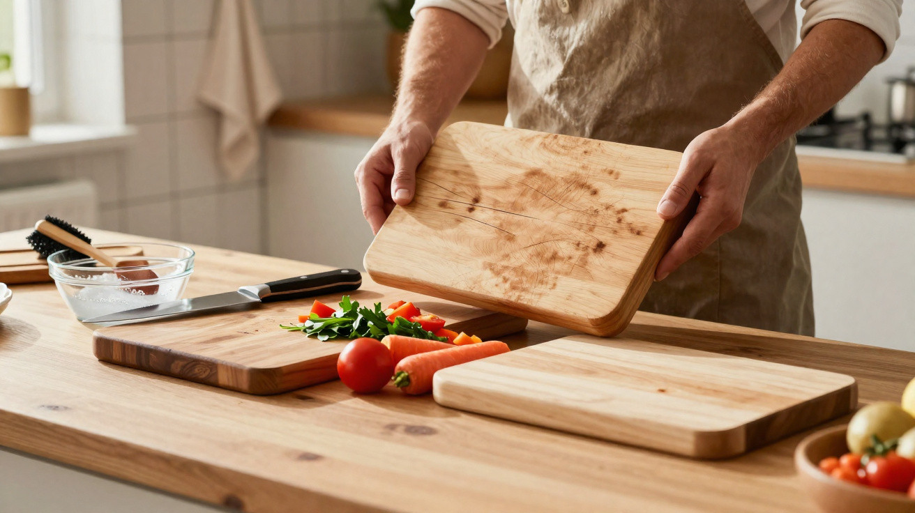 Pessoa a limpar tábua de cortar legumes numa cozinha com legumes frescos e utensílios sobre a bancada de madeira.