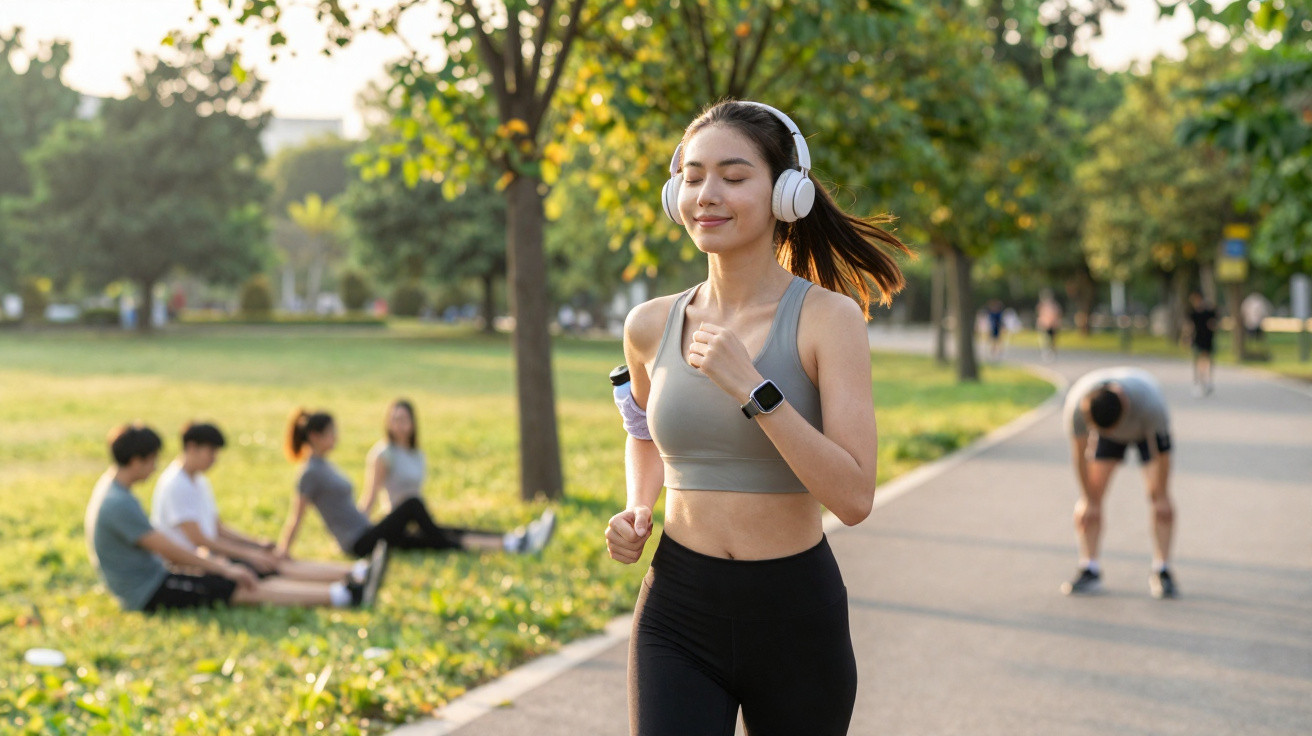 Mulher a correr num parque com auscultadores brancos e roupa desportiva com outras pessoas ao fundo.