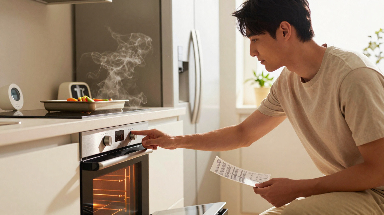 Homem a regular o forno na cozinha moderna com tabuleiro a cozinhar e a segurando uma folha de papel.