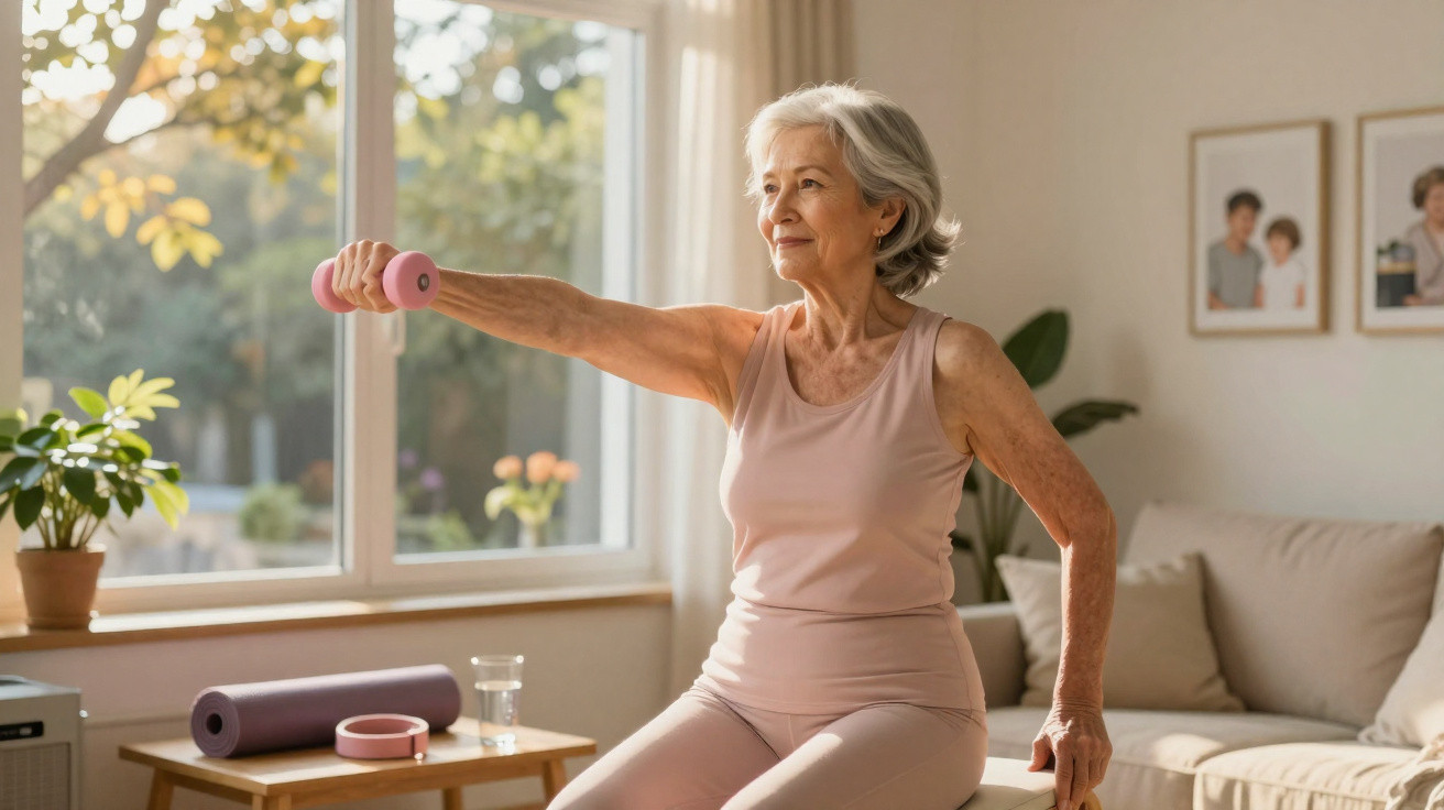 Mulher idosa a fazer exercício com haltere rosa sentada numa sala iluminada e acolhedora.
