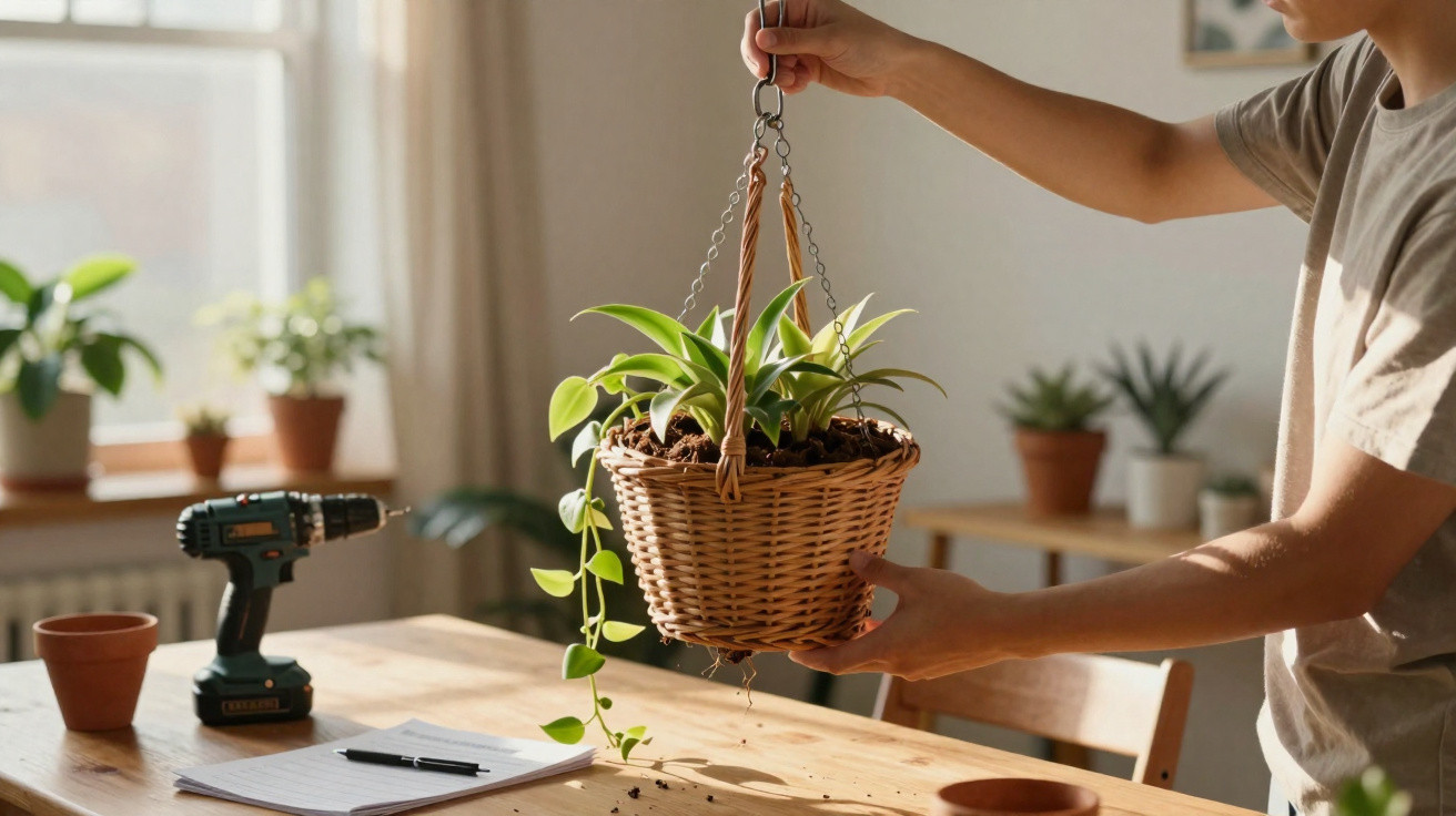 Pessoa a segurar planta num vaso de verga suspenso dentro de casa, com luz natural e ferramentas na mesa.