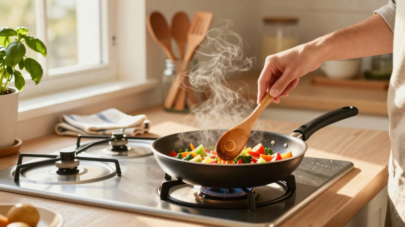 Pessoa a cozinhar legumes frescos numa frigideira com vapor a sair numa cozinha iluminada.
