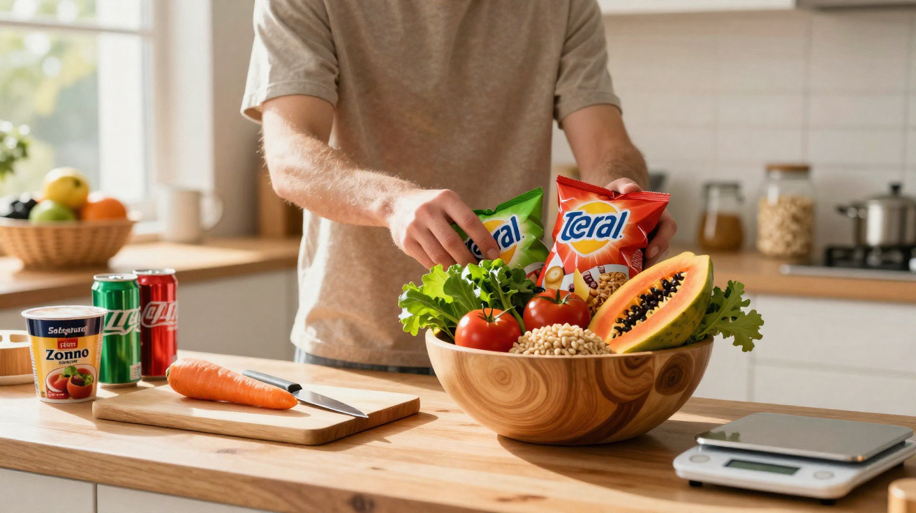 Pessoa a preparar salada com legumes frescos e pacotes de snacks numa cozinha moderna.