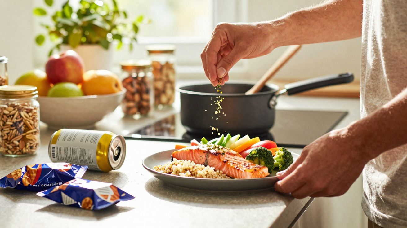 Pessoa a temperar salmão com legumes e quinoa numa cozinha iluminada pelo sol.