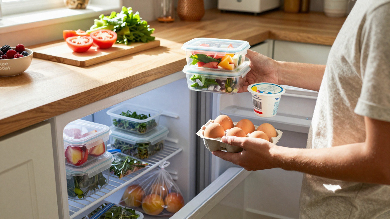 Pessoa a guardar ovos e recipientes com saladas no frigorífico numa cozinha iluminada.