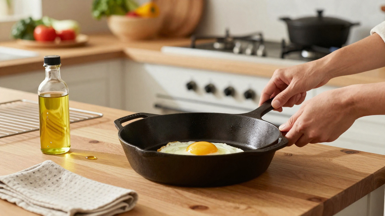 Mãos seguram frigideira com ovo estrelado numa cozinha, próximo de frasco de azeite sobre bancada de madeira.
