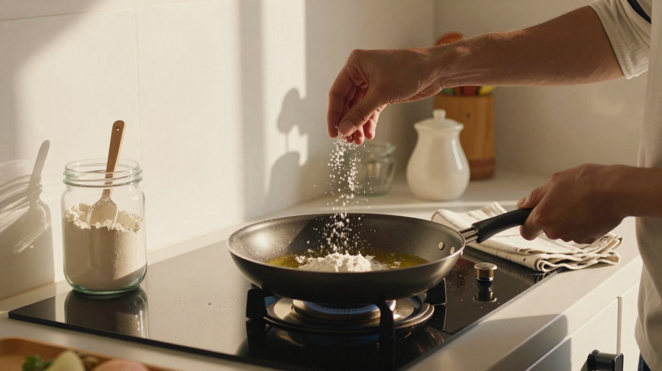 Pessoa a adicionar farinha numa frigideira com óleo numa placa de fogão a gás numa cozinha moderna.