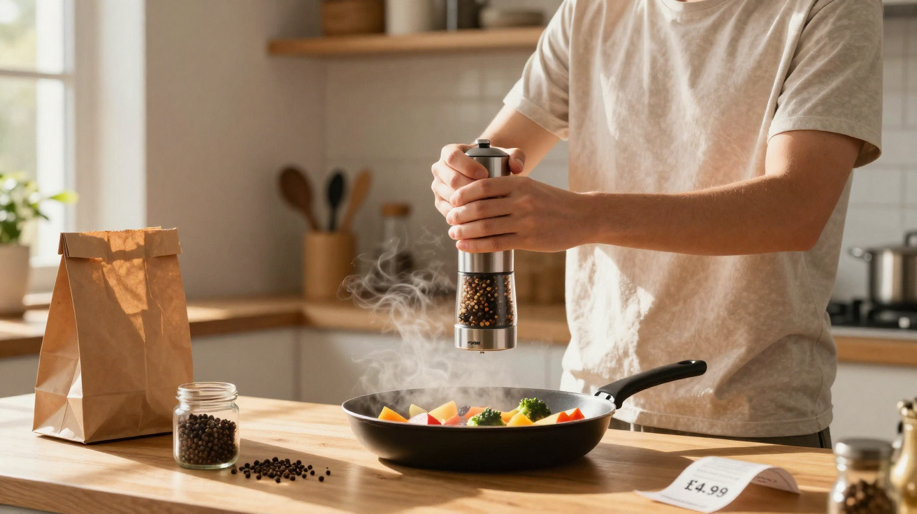 Pessoa tempera legumes numa frigideira com um moinho de pimenta numa cozinha moderna e iluminada.