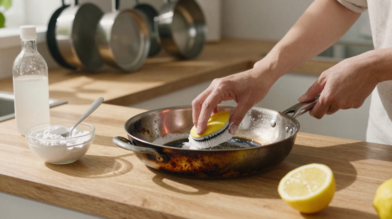 Pessoa a limpar uma frigideira com metade de um limão e escova na cozinha.
