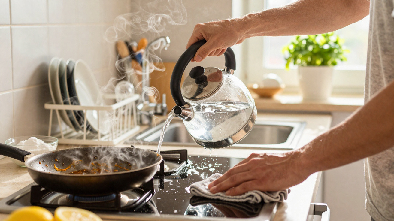Pessoa a verter água quente de um bule para uma frigideira numa cozinha moderna iluminada.