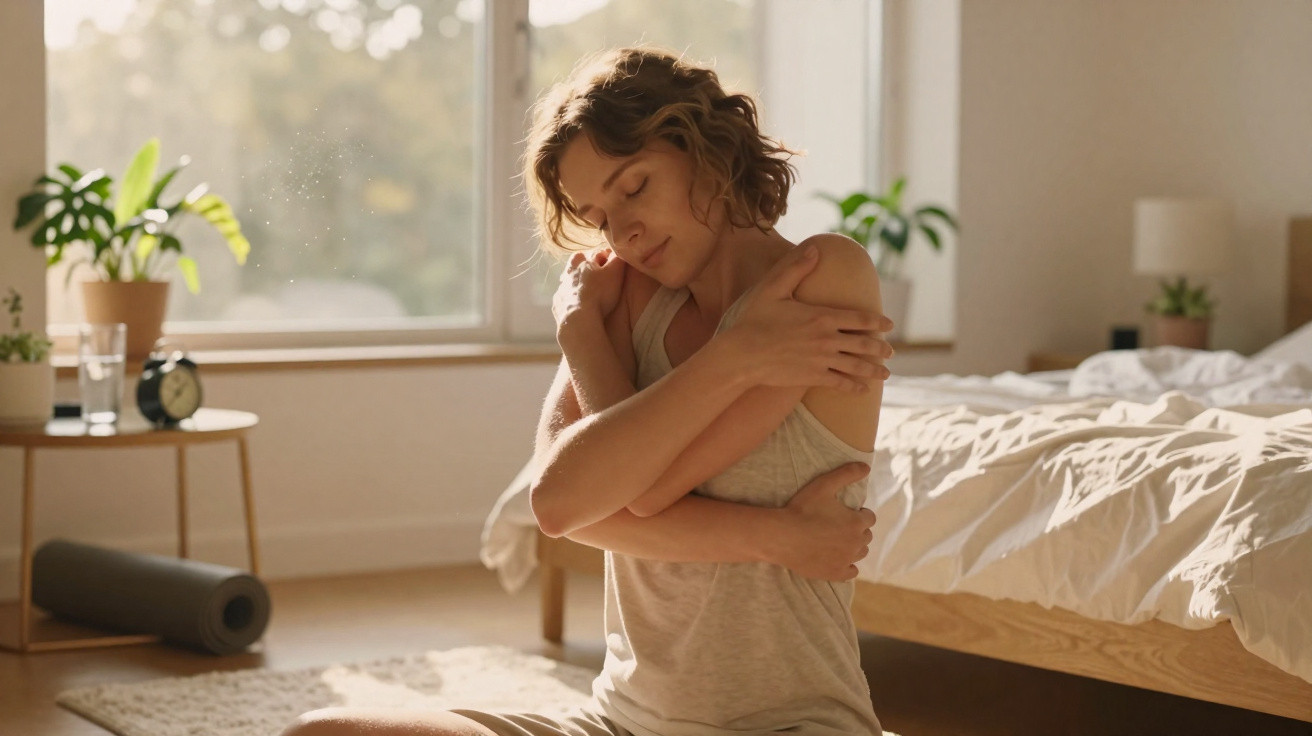 Mulher sentada no chão do quarto a abraçar-se, com expressão serena, luz suave entra pela janela.