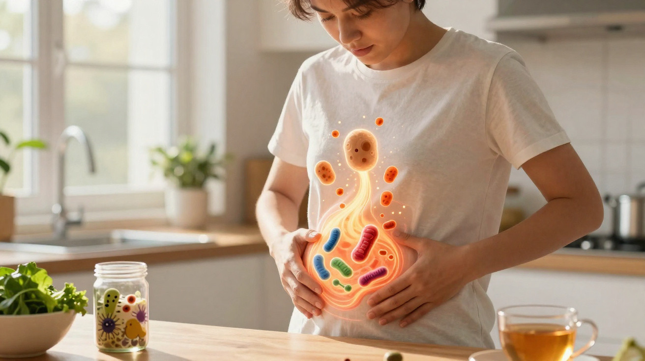 Pessoa com dores abdominais e ilustração de bactérias coloridas sobre o estômago, numa cozinha iluminada.
