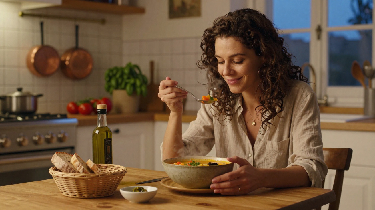 Mulher sorridente a comer sopa numa cozinha acolhedora com pão e azeite na mesa.