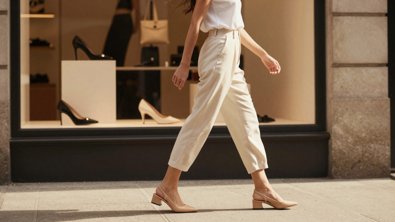 Pessoa a caminhar junto a montra de loja de sapatos altos femininos em cidade.