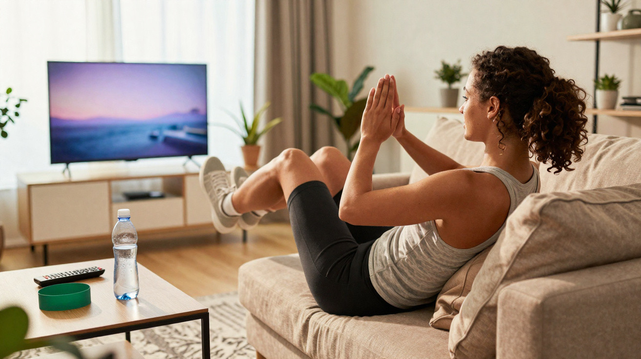 Mulher a fazer exercício abdominal no sofá da sala, com garrafa de água e televisão ligada à frente.