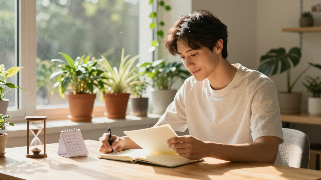 Jovem sentado à mesa a estudar, rodeado de plantas, escrevendo num caderno iluminado pela luz natural.