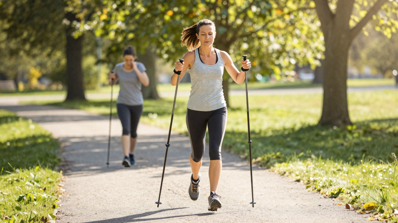 Duas mulheres praticam caminhada nórdica num parque com árvores e relva ao fundo.