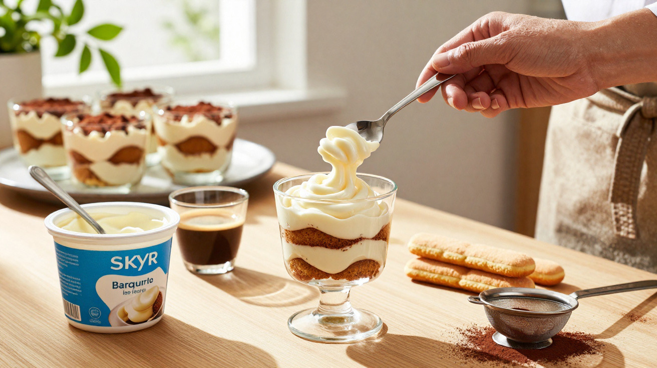 Taça de sobremesa com camadas de creme e bolacha, acompanhada de skyr e café em mesa de cozinha.