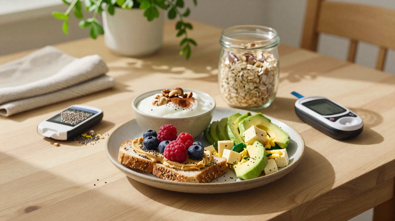 Pequeno-almoço saudável com torrada, frutas, abacate, iogurte com frutos secos e monitorização de glicose numa mesa de madeir