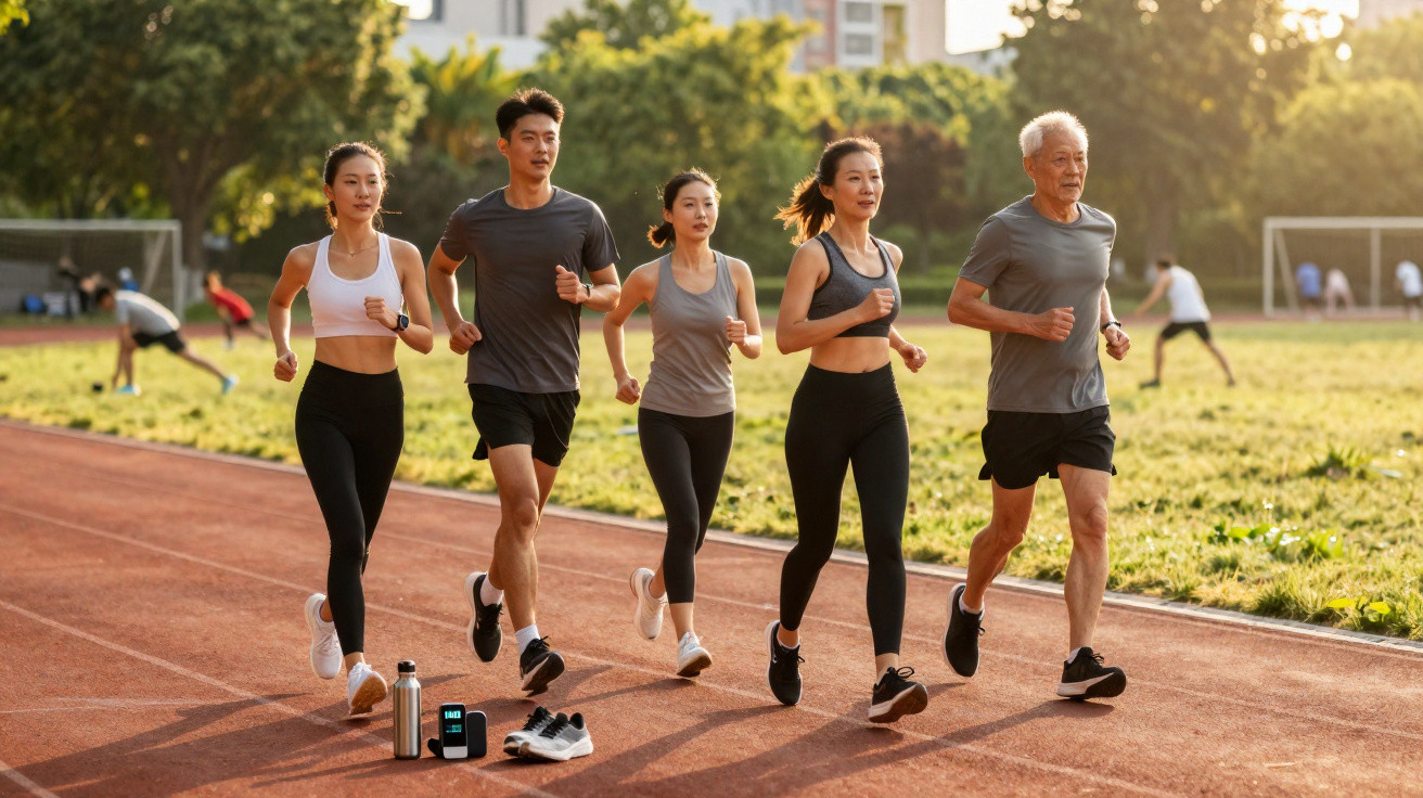 Grupo de cinco pessoas a correr numa pista de atletismo ao ar livre num dia soalheiro.